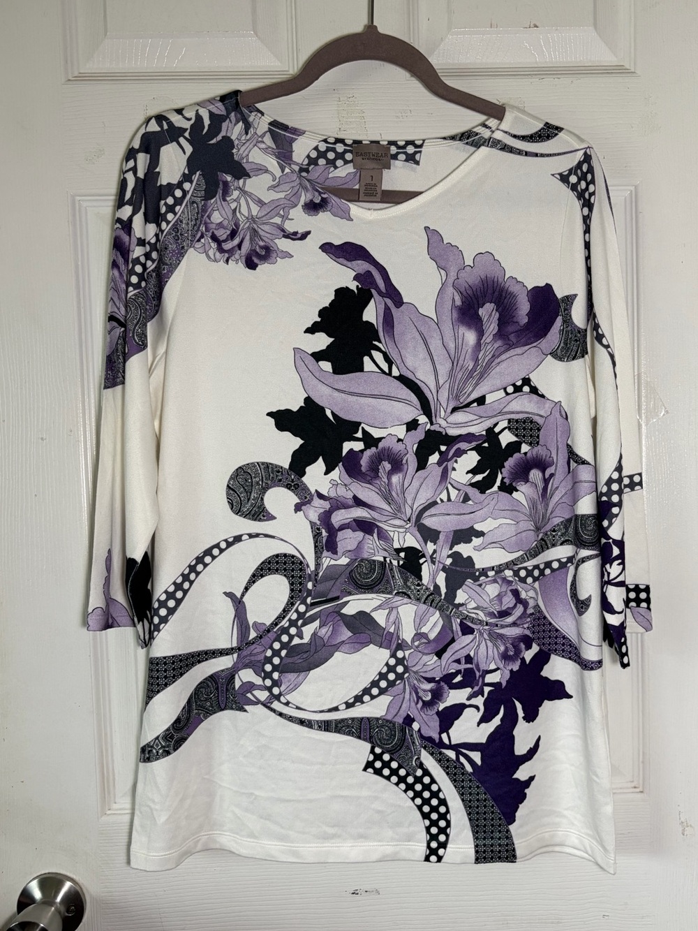 Chico's White & Purple Floral Long Sleeve Top 3/4 Sleeve Sz 1 (M)